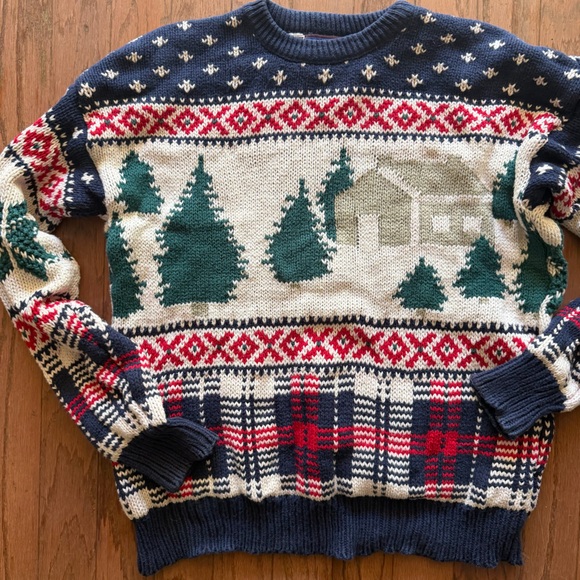 liberty vintage USA Men's Navy, Green & Red Holiday Crewneck Sweater cabin plaid - Picture 2 of 5